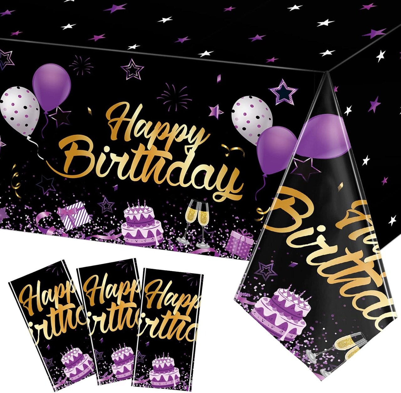 3 Pack Birthday Party Supplies Confetti Sprinkles Happy Birthday Tablecloths Starry Table Covers for Kids Adults Party Decorations, 54 x 108 Inches (Purple and Black)